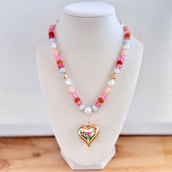 Beaded Gold Heart Pendant Necklace | Statement | Anthropologie Inspired | NWT - Picture 1 of 9